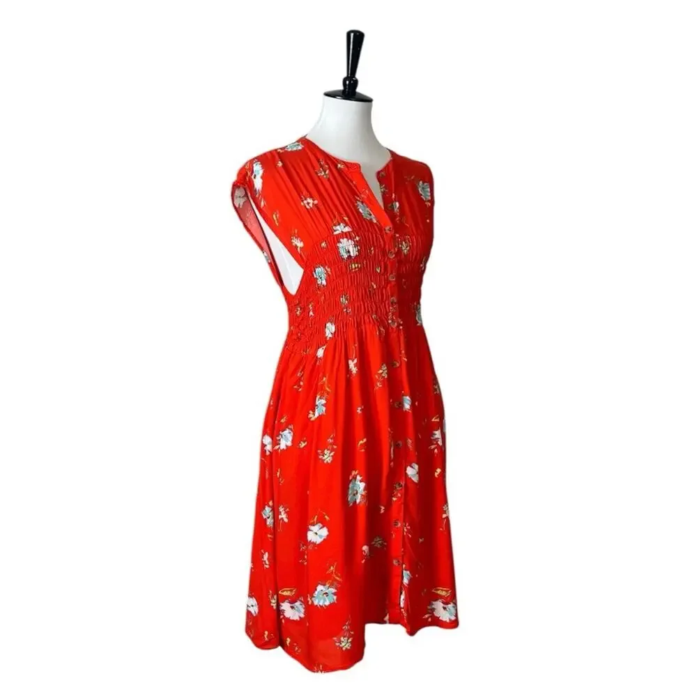 Free People Dress Smocked Waist Button Front Red Floral Women’s Size Medium